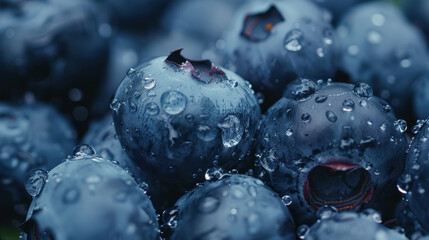 Wall Mural - Plump, dew-covered blueberries glisten under the morning light, showcasing their irresistible, juicy appeal.