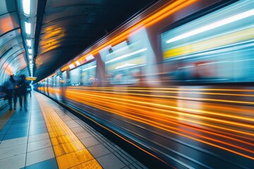 A fast motion blur train with glowing lines passing by people silhouette subway platform, underscoring vibrant city