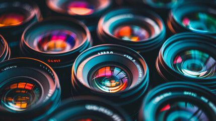 Canvas Print - A vivid collection of camera lenses, each reflecting a spectrum of colors, artfully arranged side by side, creating an eye-catching display.