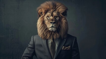 Sticker - Lion dressed in an elegant suit, standing as a confident leader and a powerful businessman. Fashion portrait of an anthropomorphic animal posing with a charismatic human attitude