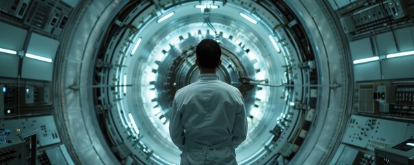 Poster - Engineer examining large turbine in advanced industrial laboratory