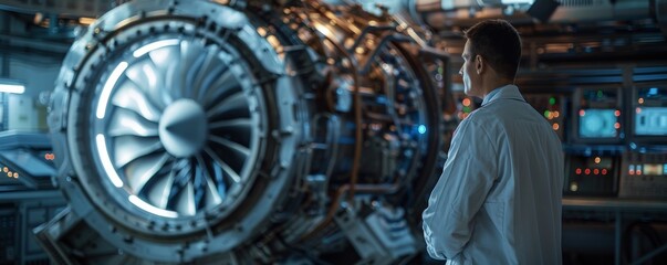 Poster - Engineer examining jet engine in high-tech aerospace manufacturing facility