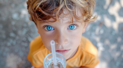 Sticker - Little boy drinking water using a plastic straw looking at the camera from above. Overhead view of a cute young boy with blue eyes drinking through a straw