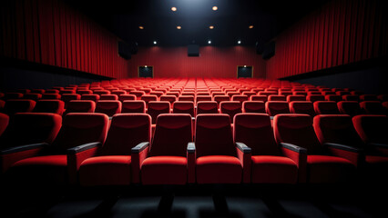 Sticker - Rows of empty red seats in cinema.