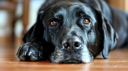 Wall Mural - Lonely bored black labrador dog waiting at home, lying alone on wooden floor, close-up portrait