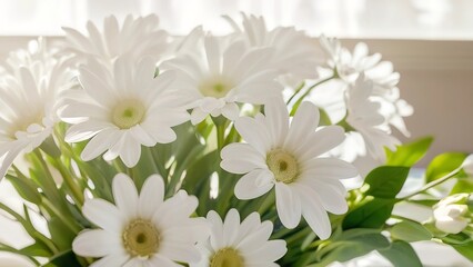 Wall Mural - a group of white flowers with green stems in a vase on a table top against the background