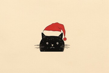 Wall Mural - Black cat wearing santa hat drawing mammal animal.