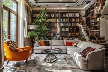 Wall Mural - Modern home library with sectional sofa, bookcase, and large window