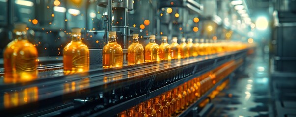 Poster - Futuristic bottling line in a modern winery with automated technology and glowing amber bottles