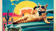 © starush - A cat wearing sunglasses and laying on top of a car, AI