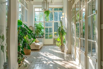 Wall Mural - A bright, airy interior with large windows and greenery