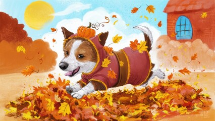 Sticker - A dog in a fall outfit running through leaves with pumpkins, AI