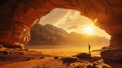 Poster - Man standing in the middle of a desert near a rock arch with the sun shining through the arch in the distance, with a mountain in the background