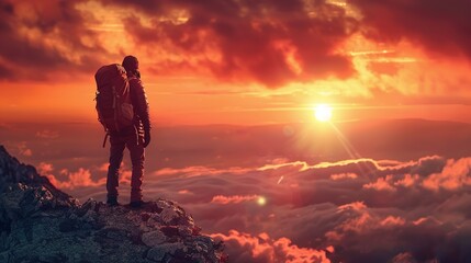 Sticker - Man standing on top of a mountain with a backpack on his back and a sunset in the background behind him, with a red sky and orange clouds and a red hued