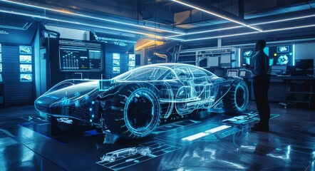 Poster - Futuristic hologram of an electric car in a high-tech automotive manufacturing factory