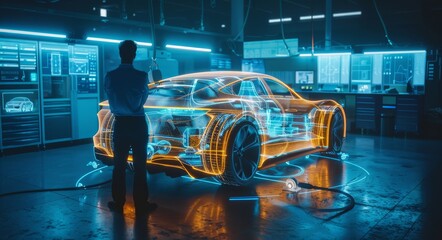 Poster - engineer designing a hologram of an electric car in a futuristic tech lab