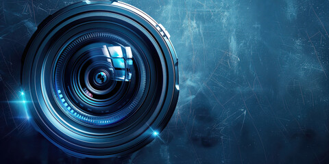 Poster - Abstract futuristic camera lens on dark background, with copy space.