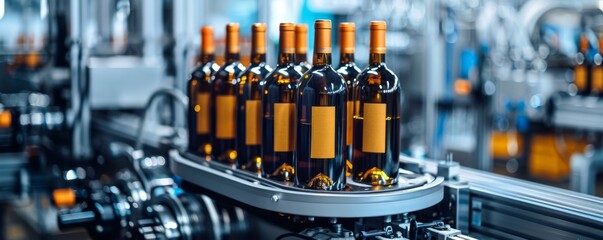Poster - Modern high-tech labeling machine applying labels on bottles in an automated factory setting
