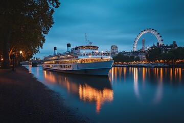 Canvas Print - Night view of the Thames river in downtown with the famous landmark, the London eye, lit by the city lights