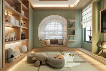 Wall Mural - A stylish playroom with a unique arched window and comfortable seating