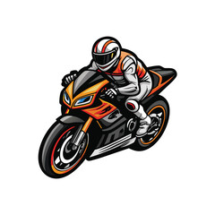 Wall Mural - A vector image of a sleek sportbike with a rider in a racing suit and helmet, leaning into a turn.