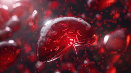 Poster - A red blob with a hole in the middle is surrounded by red particles