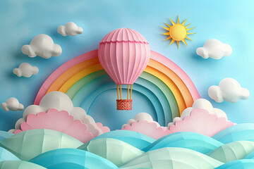 Paper art style of rainbow on blue sky sun, hot air balloon and cloudsfor baby nursery, children design.