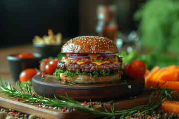 Wall Mural - Homemade beef burger with crispy bacon and vegetables on rustic serving board