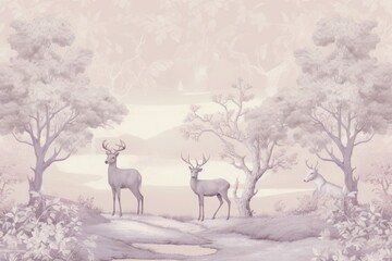 Poster - Deers landscape mammal sketch.