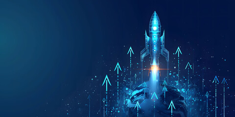 Wall Mural - Abstract futuristic blue background with glowing arrows pointing upwards and a rocket taking off. Vector illustration symbolizing stock market growth or business success.