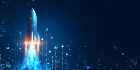 Leinwandbilder - Abstract futuristic blue background with glowing arrows pointing upwards and a rocket taking off. Vector illustration symbolizing stock market growth or business success.