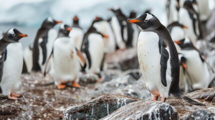 Poster - A group of penguins are standing on a rocky shore