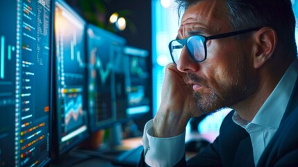 Poster - Pensive businessman analyzing digital data on multiple screens in a dark office setting. Intense work atmosphere with a focus on market trends and analytics. Ideal for business strategy visuals. AI