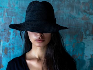 Wall Mural - Medium shot of black silhouette of a girl in a panama hat frame by torso, themed background 