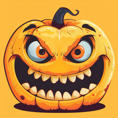 Sticker - Pumpkin on yellow background. The main symbol of the Happy Halloween holiday. Orange pumpkin with smile for your design for the holiday Halloween.