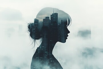 double exposure silhouette of a woman with cityscape at night