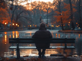 Poster - Man Sitting on a Bench by the Lake at Sunset