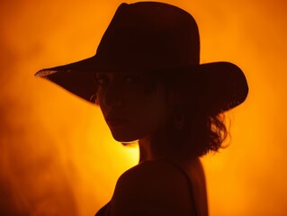 Wall Mural - Medium shot of black silhouette of a girl in a panama hat frame by torso, themed background 