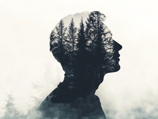 Double exposure silhouette of a man with trees