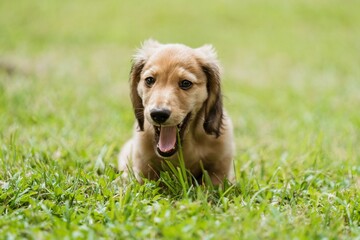 Cute dachshund puppy sitting on green grass in a garden on a sunny day, with a blur background