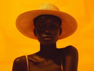 Poster - Medium shot of black silhouette of a girl in a panama hat frame by torso, themed background 