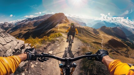 Two mountain bikers are savoring the excitement of riding through a scenic mountain trail, with stunning views all around