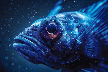 Poster - Close-up of a vibrant, mysterious blue fish underwater with delicate light reflections and bubbles creating an ethereal aquatic scene.