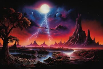 Poster - The volcanic eruption landscape lightning outdoors.