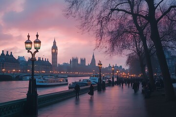 Wall Mural - ferris wheel and Westminster in London during the blue hour.