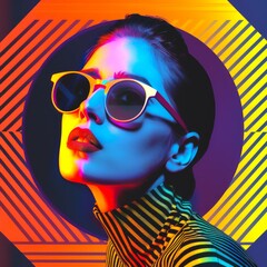 Canvas Print - Fashionable woman wearing retro sunglasses against a colorful geometric background. Vibrant and creative art image with a modern twist. Perfect for advertising and trendy artwork. AI