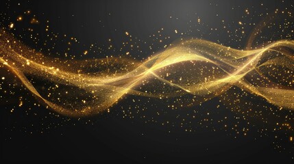 Shining golden wavy lines of light, golden wave lights, golden star dust traces of isolated sparkling particles.