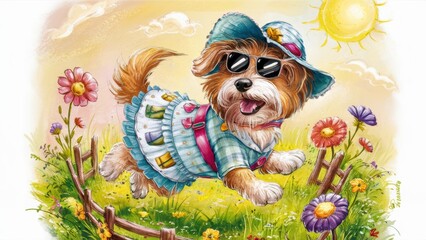 Poster - A painting of a dog wearing sunglasses and dress is running through the grass, AI