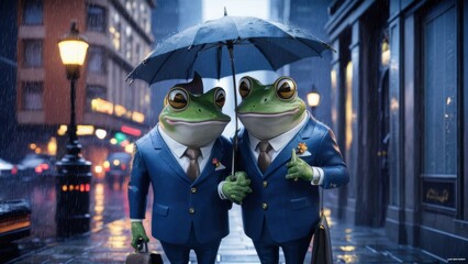 Canvas Print - Two frogs in suits holding an umbrella on a rainy day, AI