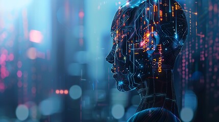 Poster - illustration showcasing a digital mind symbolizing the power and evolution of AI in a futuristic urban setting.
